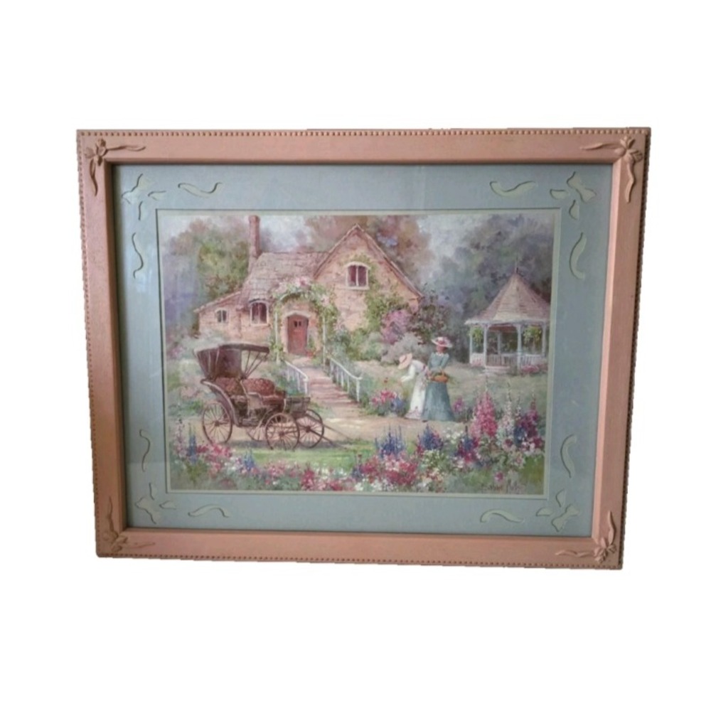 Barbara Mock Cottage Garden Summer Afternoon Ornate Peach Framed Signed Print